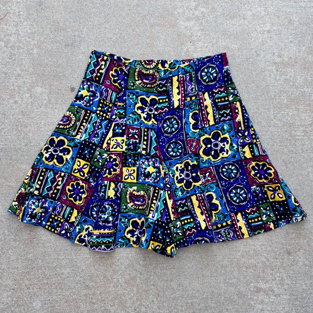 Vintage 90s Colorful Patchwork High Rise Skort
